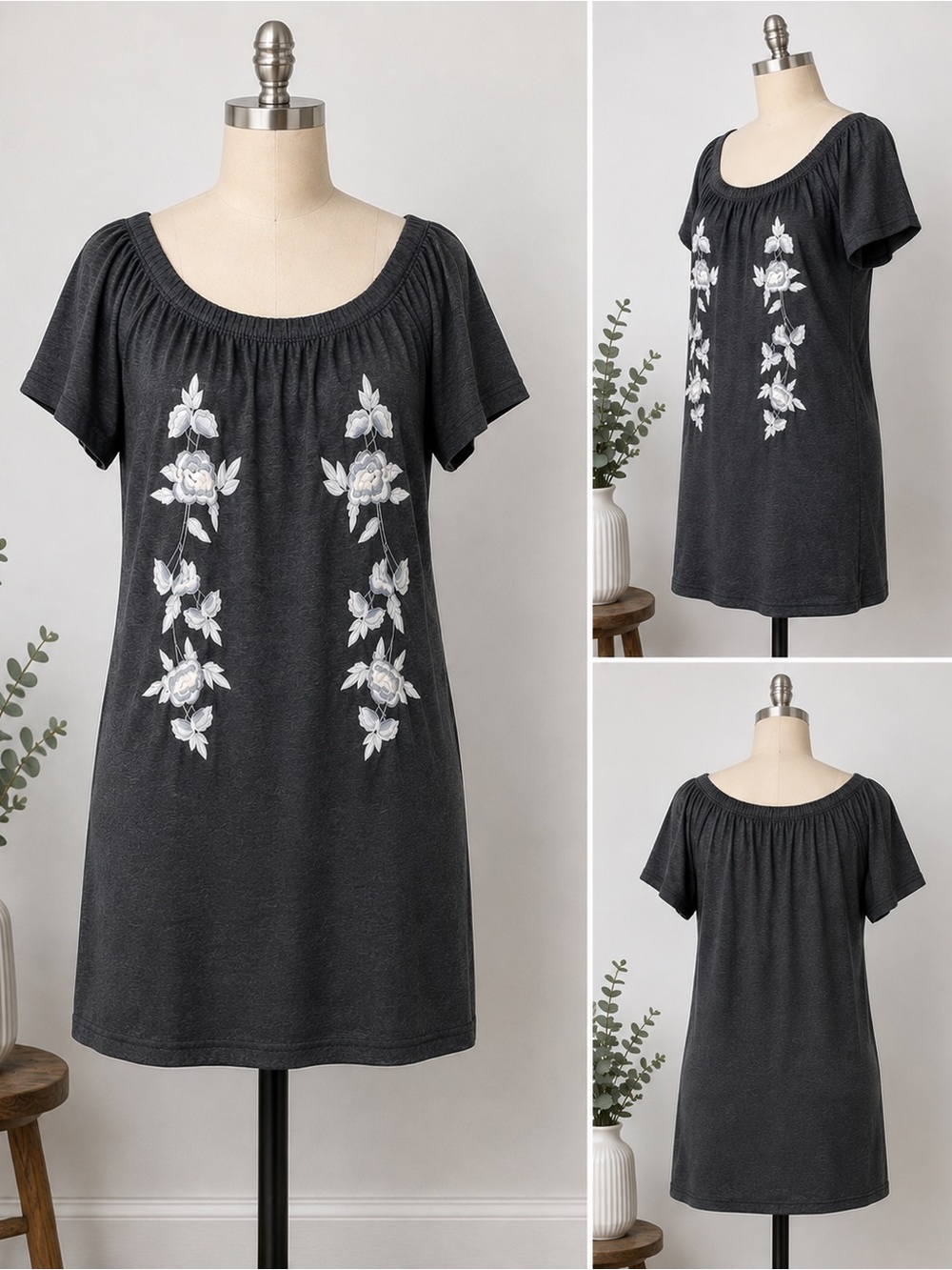 Topshop Dk Gray Embroidered Floral Knit Shift Dress Short Sleeve Off Shoulder 6